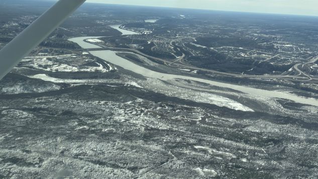 Aerial image of ice jam on Athabasca River near Fort McMurray on May 2, 2026.