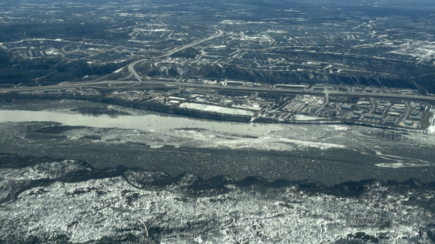 Aerial image of ice jam on Athabasca River near Fort McMurray on May 2, 2026.