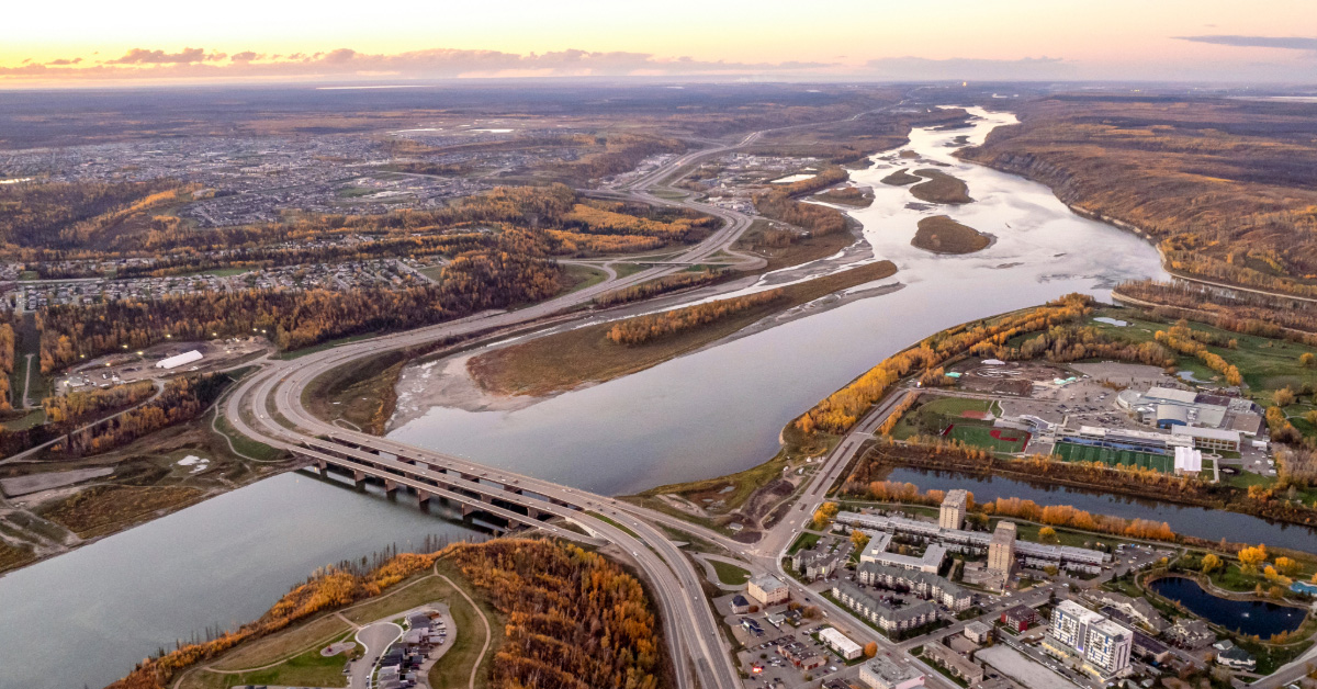 Aerial view of the Athabasca River during the fall season