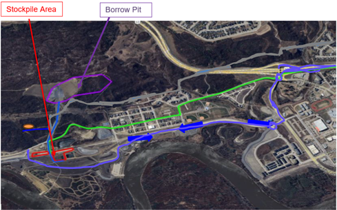 Figure 2 haul truck route from Draper Road stockpile to Saline Creek parkway to Hwy 63 North to TaigaNova project site and vice versa
