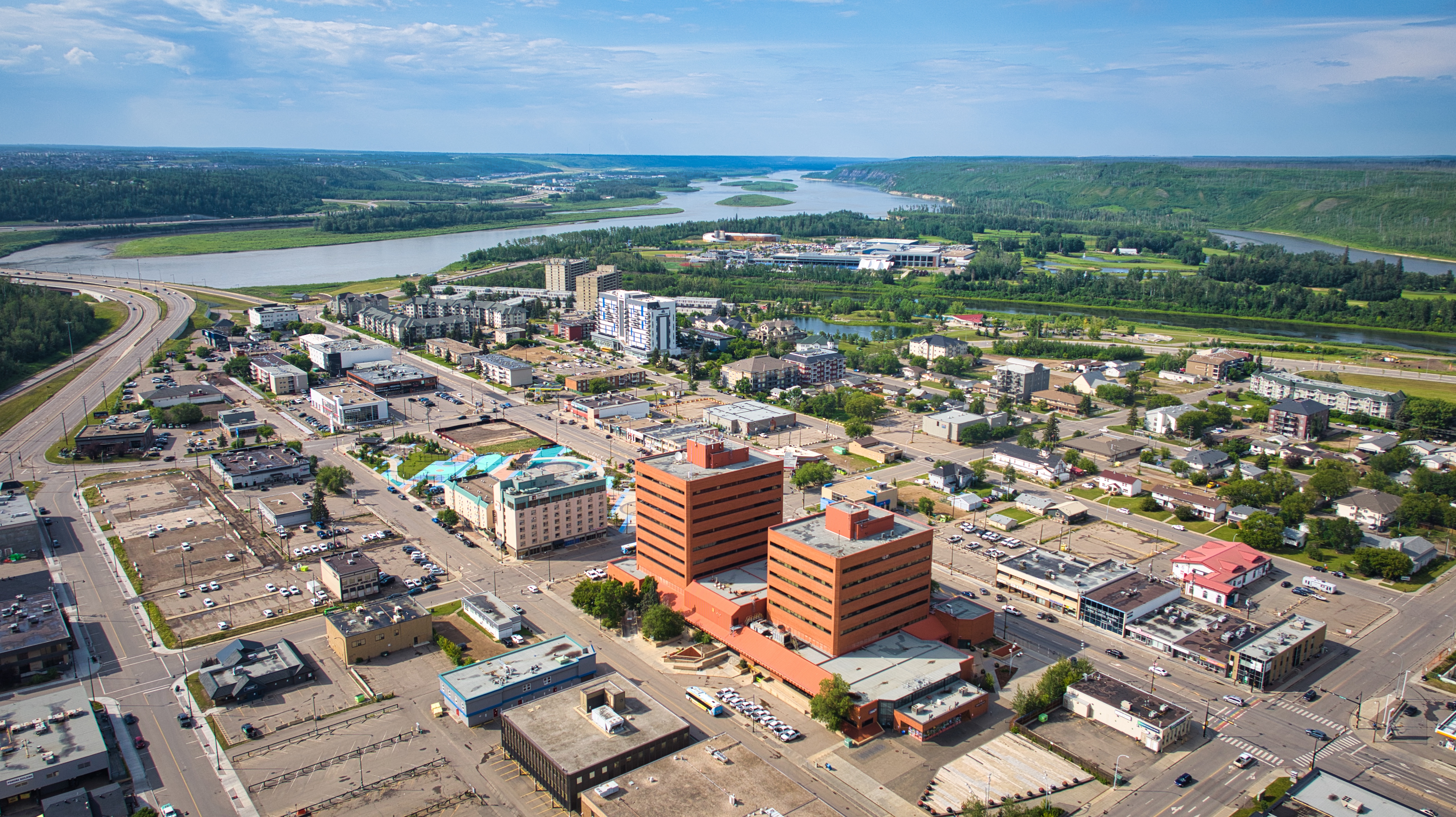 An aerial photo of downtown Fort McMurray.
