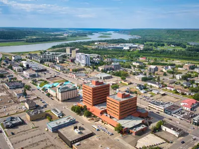 An aerial photo of downtown Fort McMurray.