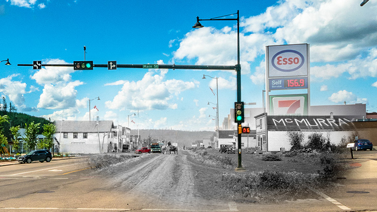 A historical photo of Franklin Ave. is faded on top of a current-day view.